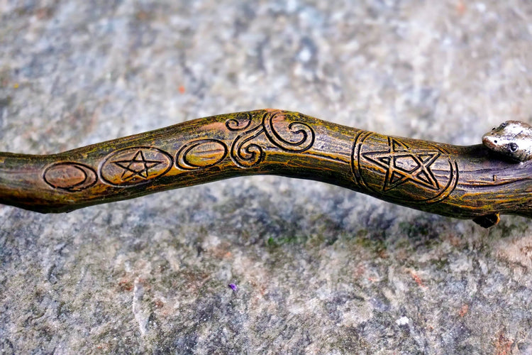 Serpentbound Sky Wand – Twisted Wood with Serpent Motif