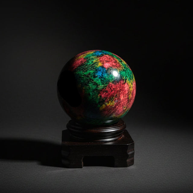 Exact sphere sold as Seven Color Jade with green, red, blue, yellow, and dark multicolored patterning on a wooden holder