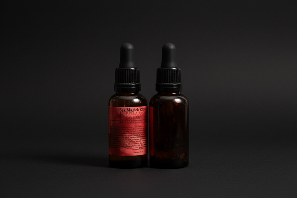 Dropper bottle with Sex Magick Ritual Oil in it on a black cloth,.