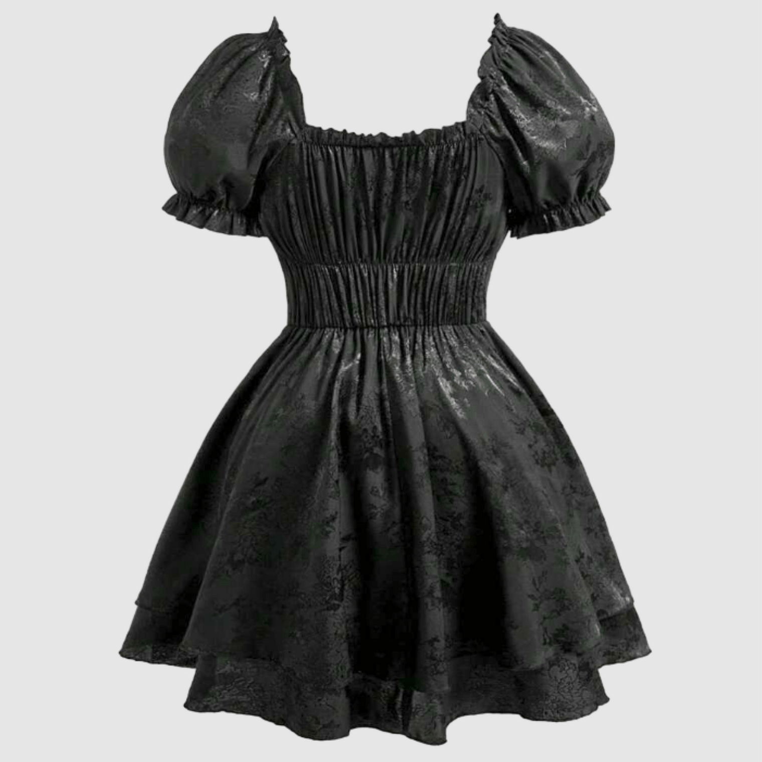 Black dress with puff sleeves on a light gray background