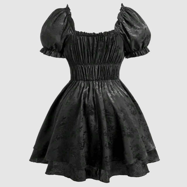 Black dress with puff sleeves on a light gray background