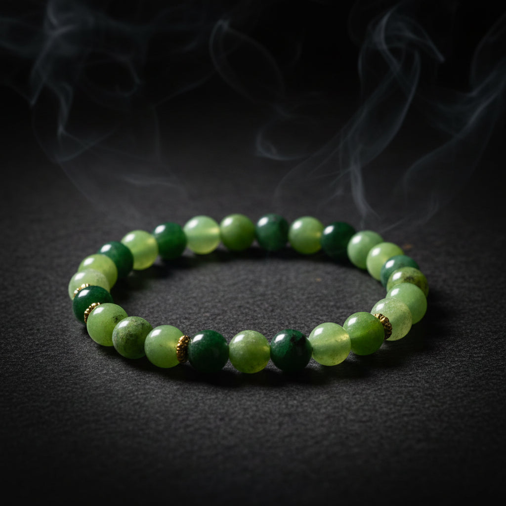 Representative stretch bracelet sold as Chrysoprase with polished green beads; color, translucency, bead size, treatment, and fit vary