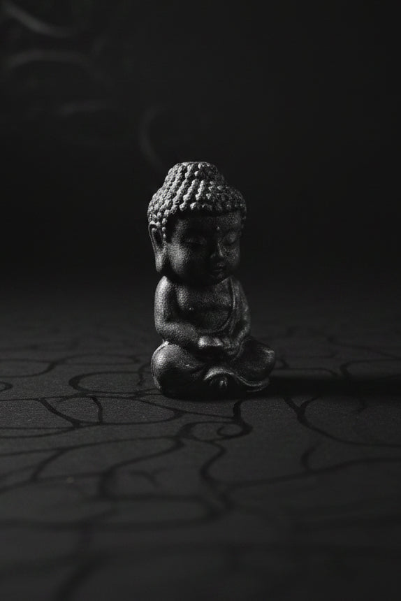Carved dark Shungite Buddha figure in a seated pose