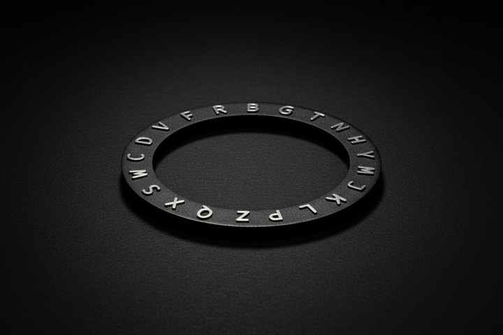 Black circular object with embossed letters on a black background