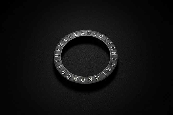 PLASTIC ring with engraved letters on a black background