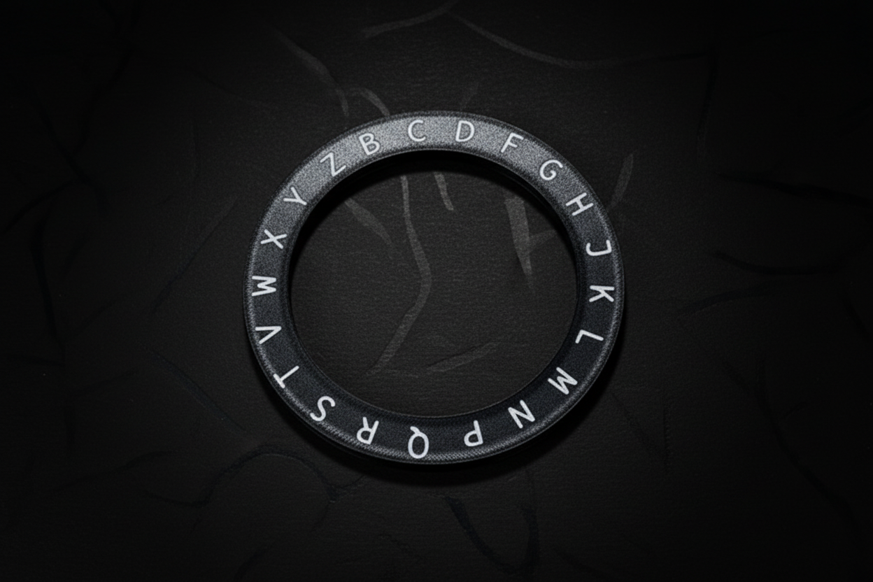 Black circular object with letters on a dark background