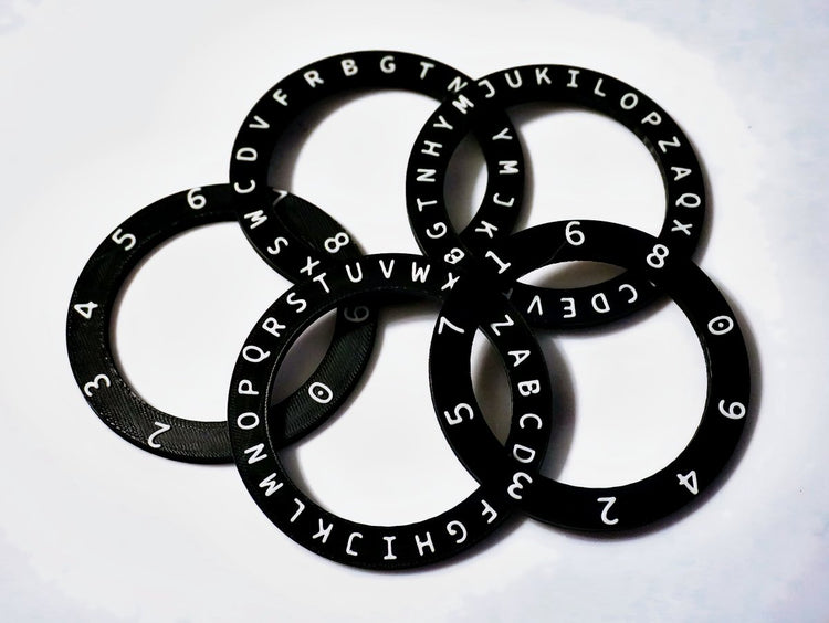 5 lettered and numbered rings of the sigil forges on a white background