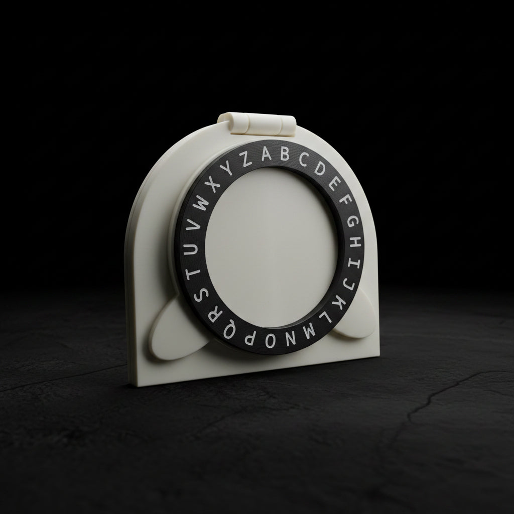 A white plastic alphabet ring holder with a black circular ring printed with uppercase alphabet letters, resting on a dark brown wooden table.