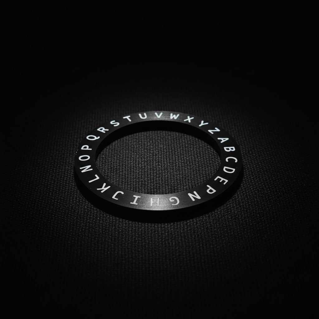 A black circular ring with white uppercase letters arranged in a circle, placed on a dark brown wooden surface.