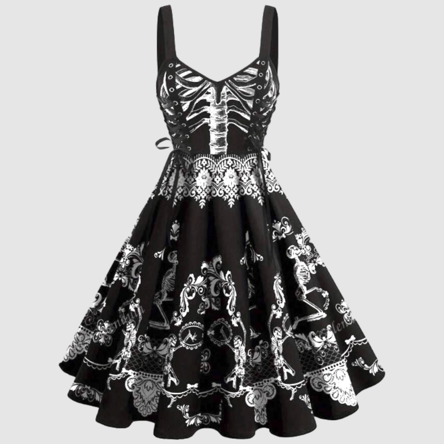 Black dress with white floral patterns on a light gray background