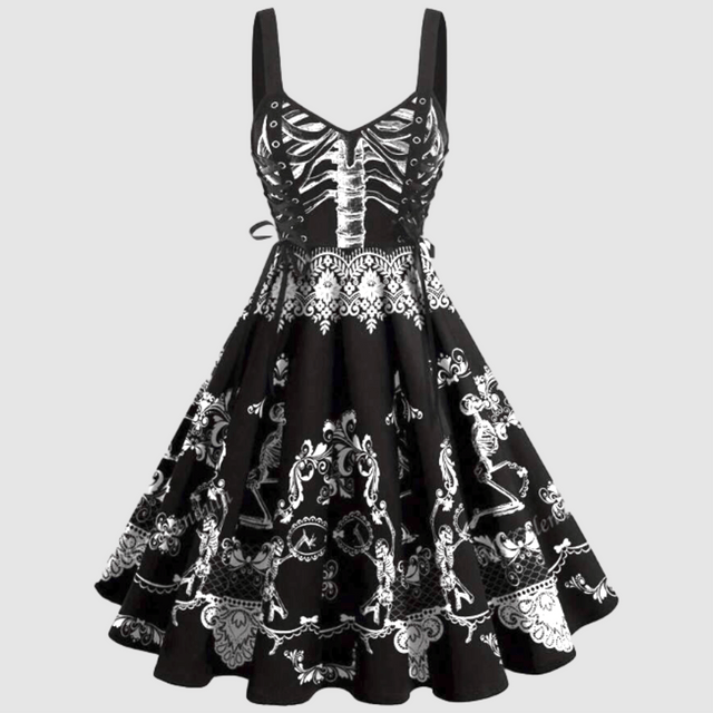 Black dress with white floral patterns on a light gray background