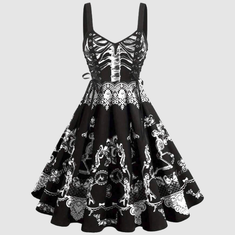 Black dress with white floral patterns on a light gray background