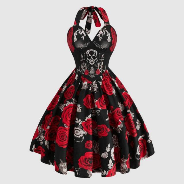 Black dress with red roses and skull designs on a white background