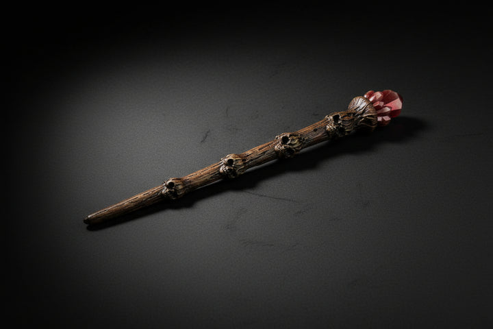 Skullroot Wand – Tree Trunk with Carved Skulls & Red Crystal