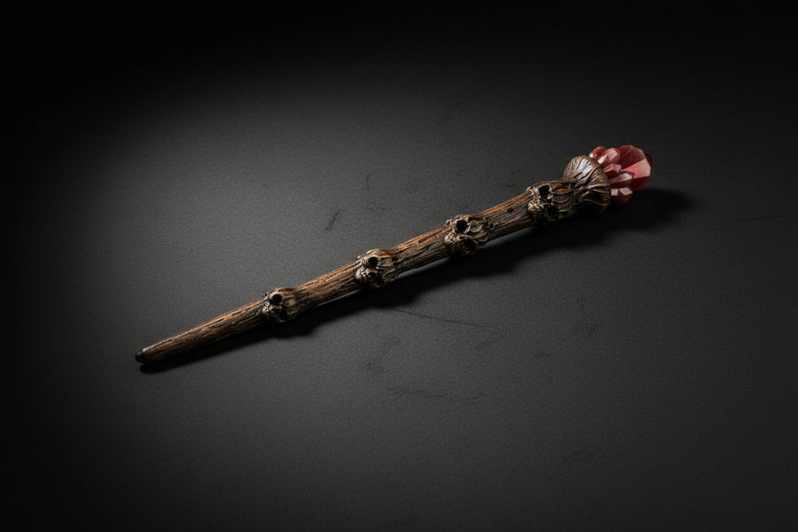 Skullroot Wand – Tree Trunk with Carved Skulls & Red Crystal