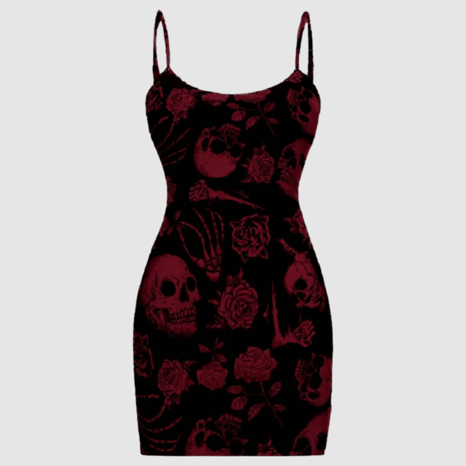 Black dress with red skull and rose pattern on a white background