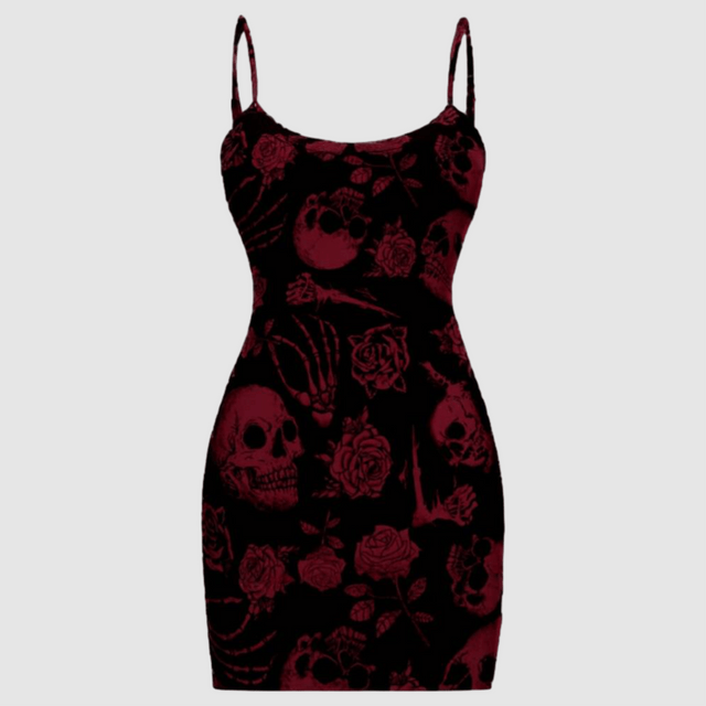 Black dress with red skull and rose pattern on a white background