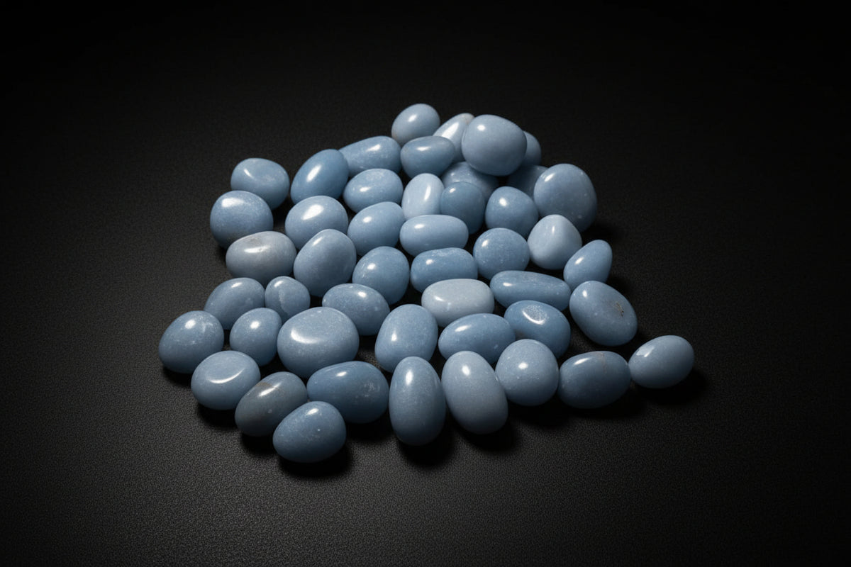 Assortment of small polished pale-blue Angelite tumbled stones