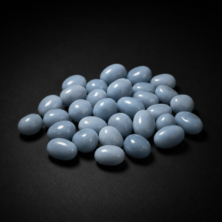 Assortment of small polished pale blue Angelite tumbled stones arranged on a matte black surface