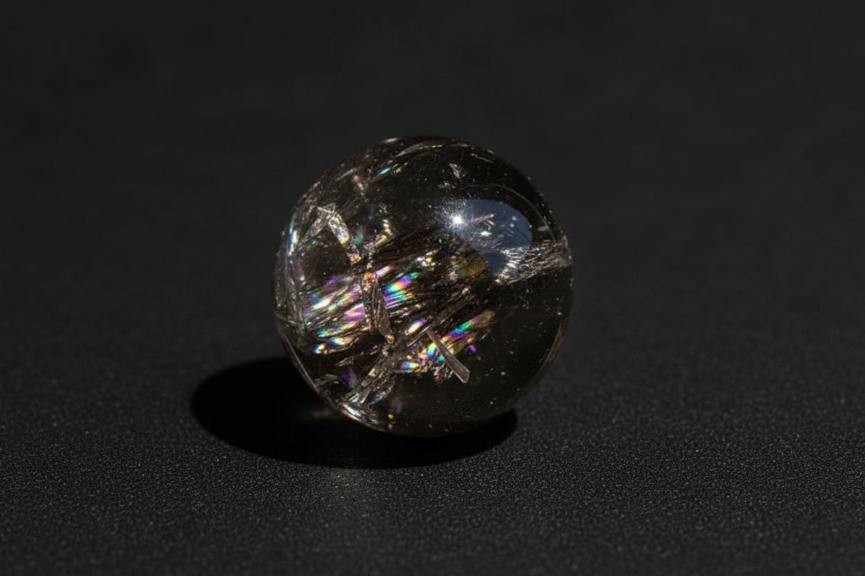 Representative polished smoky quartz mini sphere with smoky translucence, internal fractures, and possible rainbow-like flashes