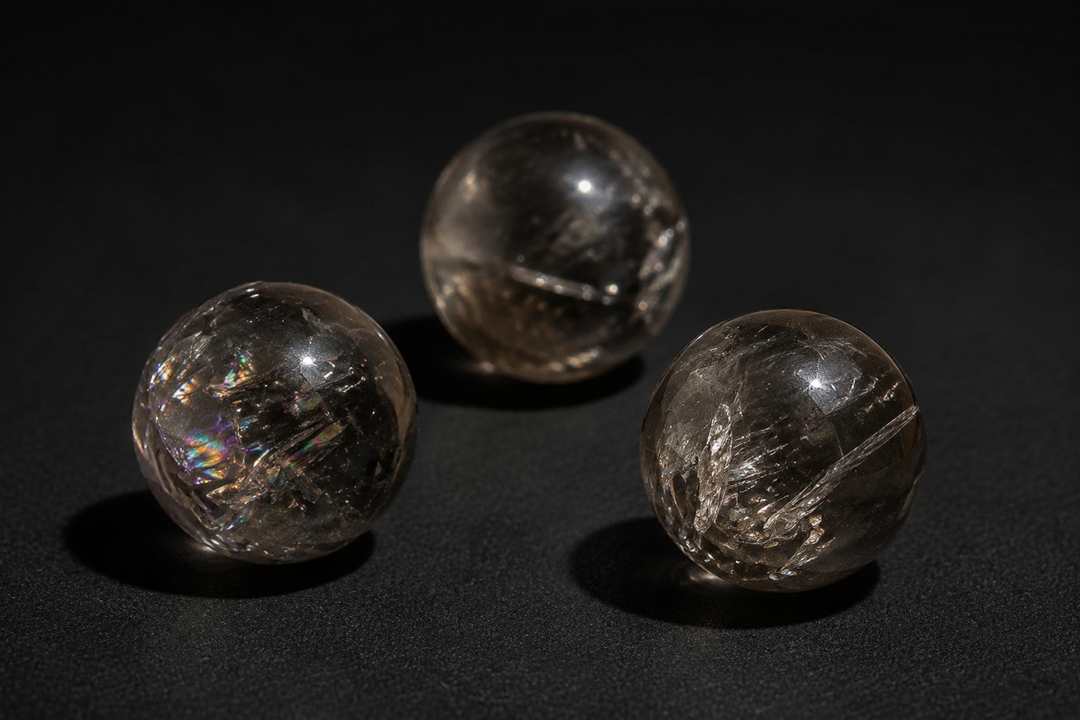Three polished Smoky Quartz mini spheres with internal fractures and subtle rainbow flashes on black