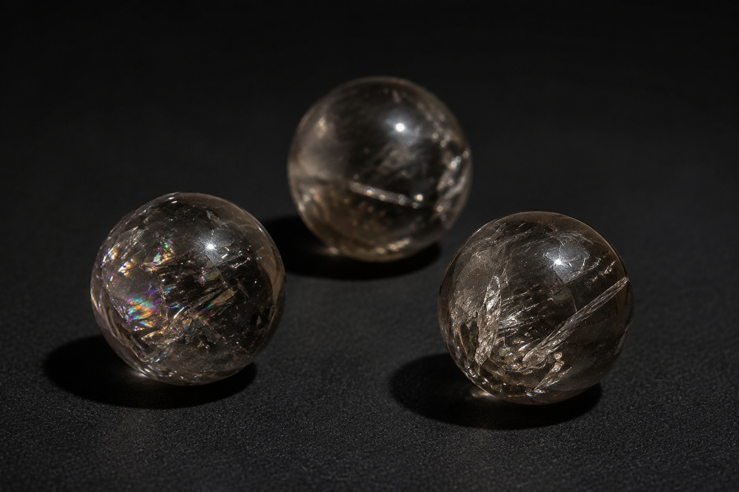 Three polished Smoky Quartz mini spheres with internal fractures and subtle rainbow flashes on black
