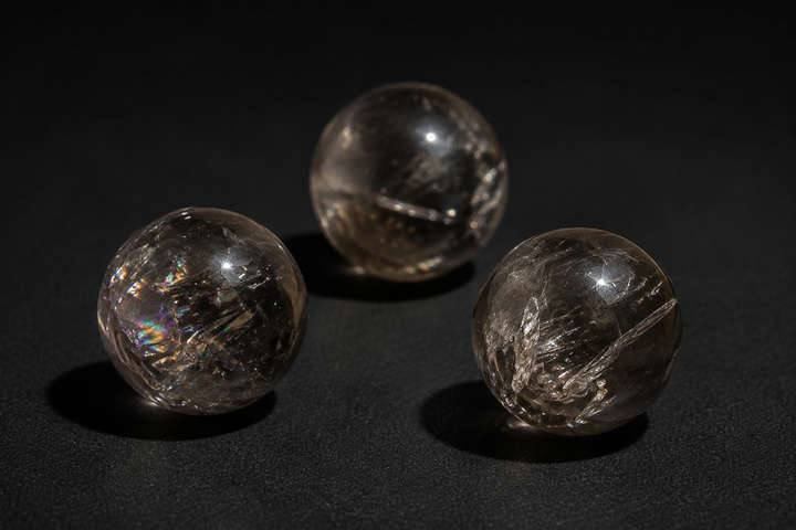 Three polished Smoky Quartz mini spheres with internal fractures and subtle rainbow flashes on black