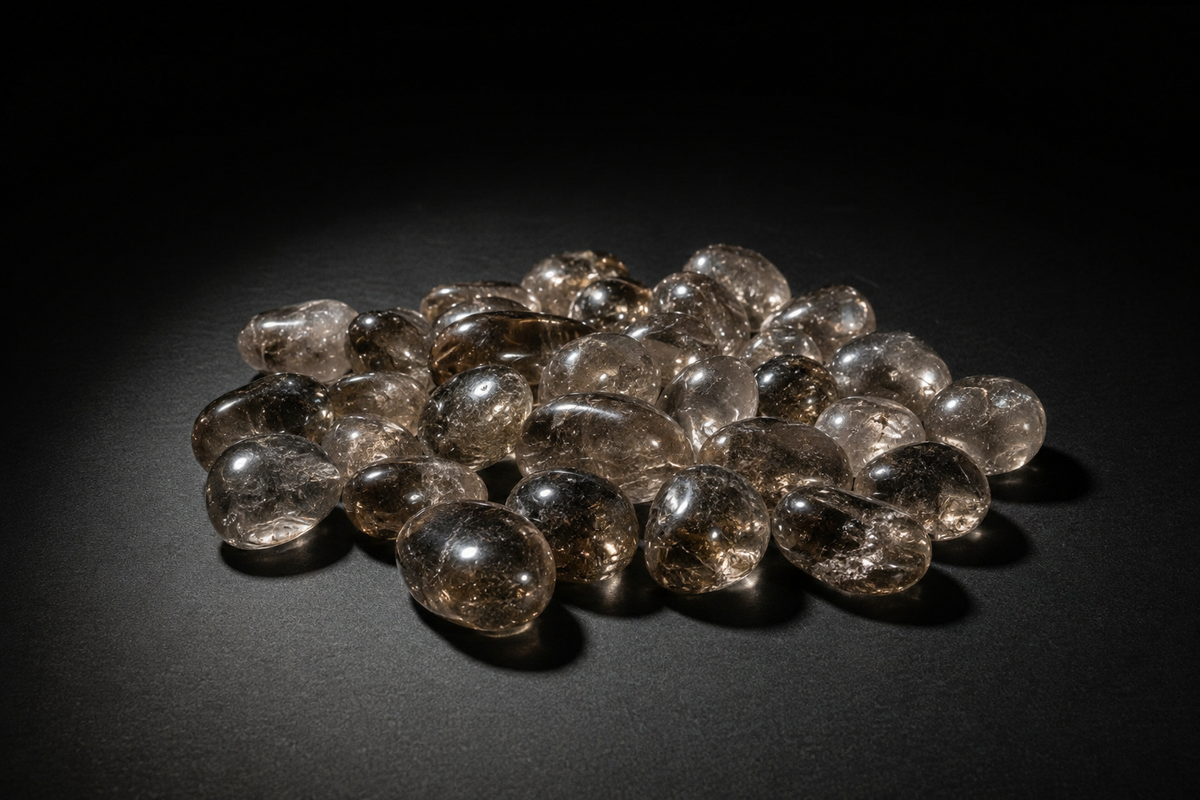 Pile of polished transparent gray-brown Smoky Quartz tumbled stones with natural inclusions on black