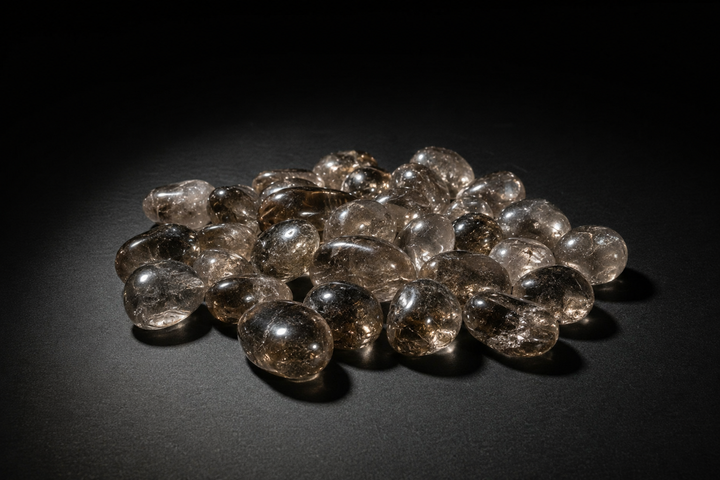 Pile of polished transparent gray-brown Smoky Quartz tumbled stones with natural inclusions on black