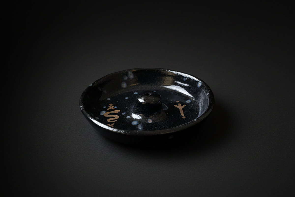 Ceramic incense dish with serpent and rune-inspired design