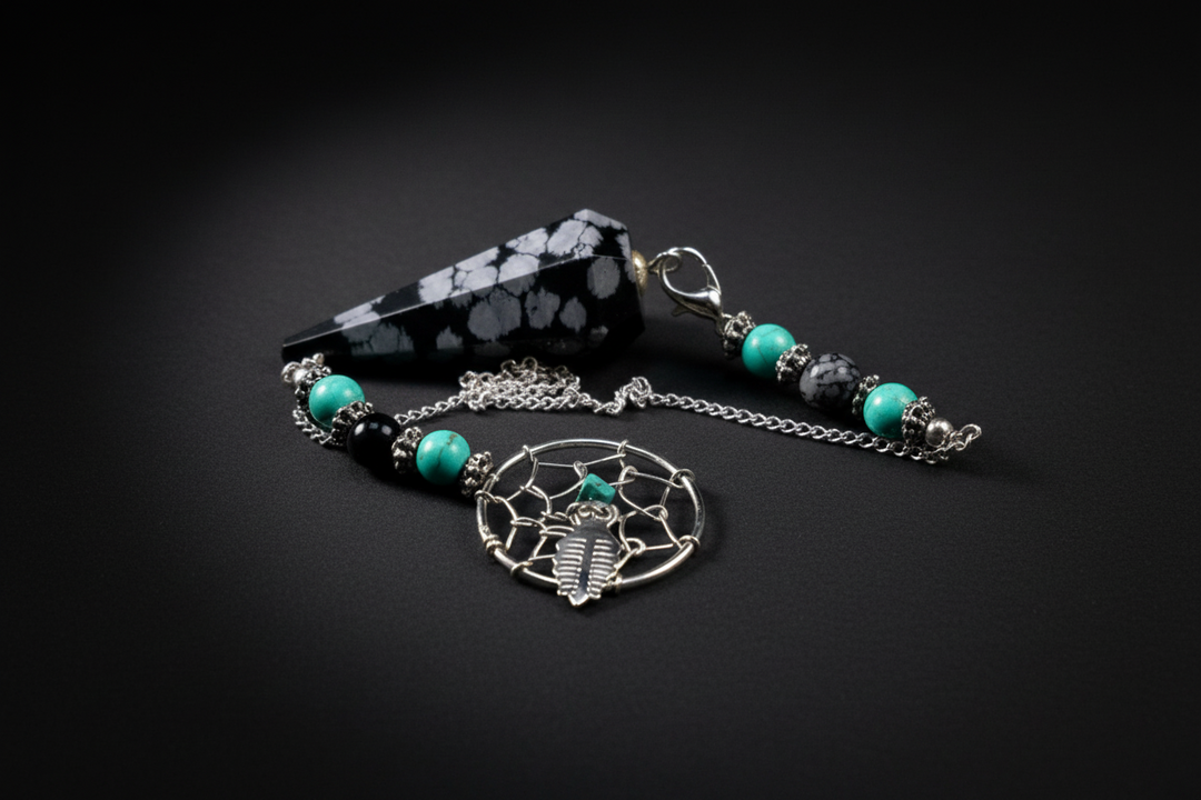 Snowflake Obsidian hex-cut pendulum on white background