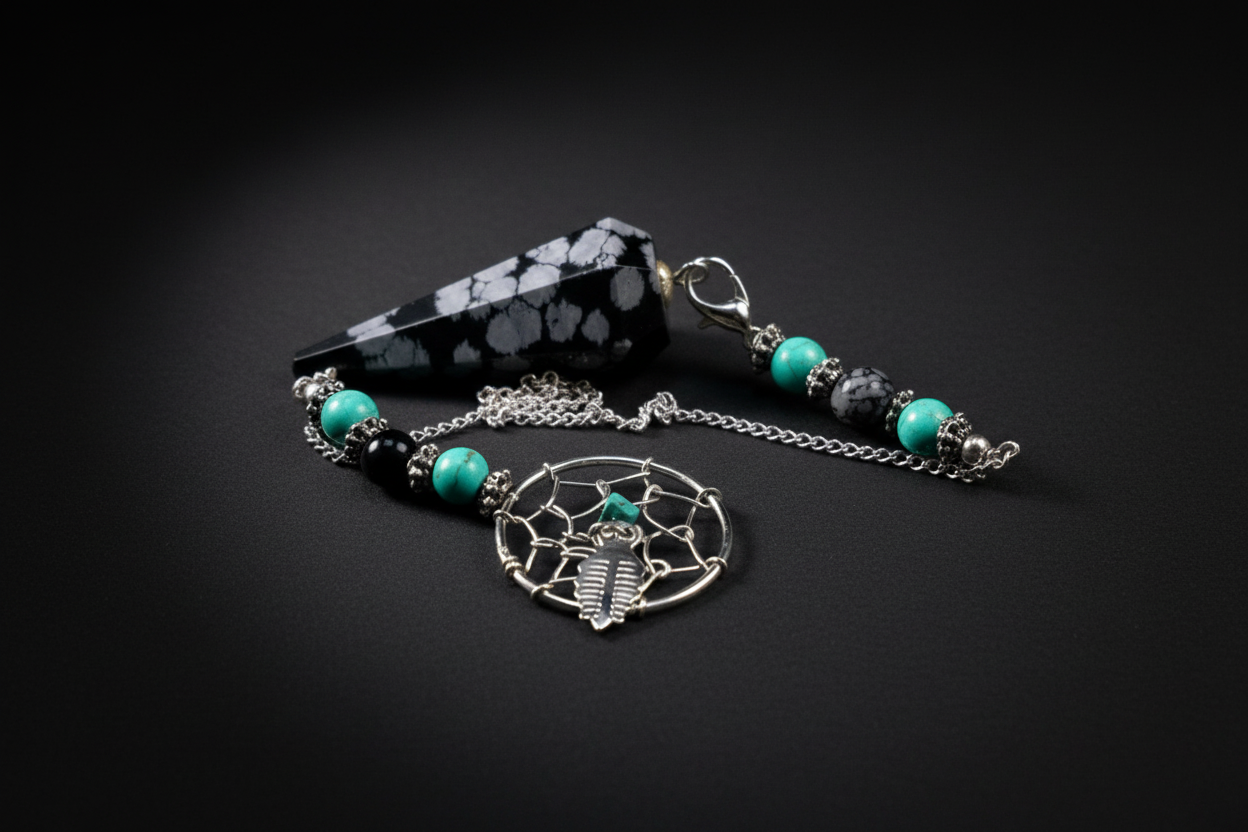 Snowflake Obsidian hex-cut pendulum on white background