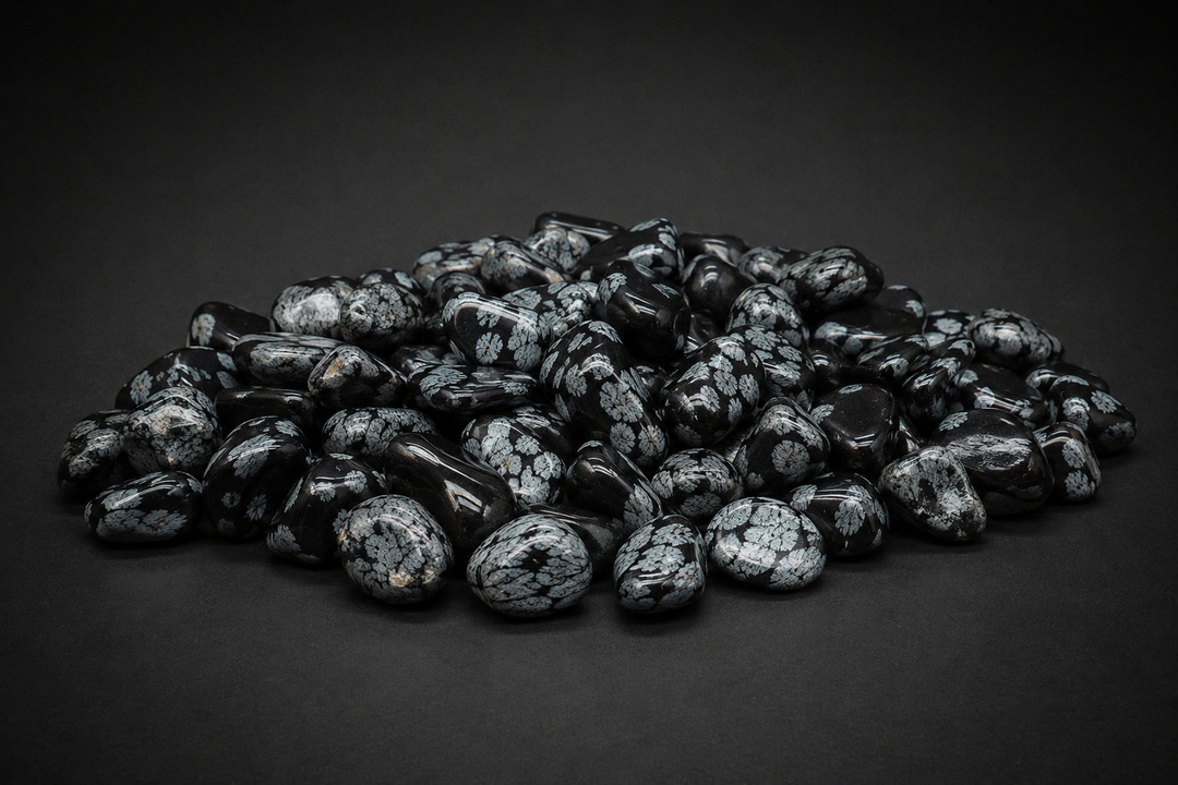 Pile of polished black Snowflake Obsidian tumbled stones with gray-white cristobalite patterns on black
