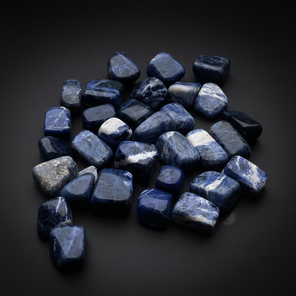 Representative polished blue Sodalite stones with variable white or gray matrix; shape and size vary