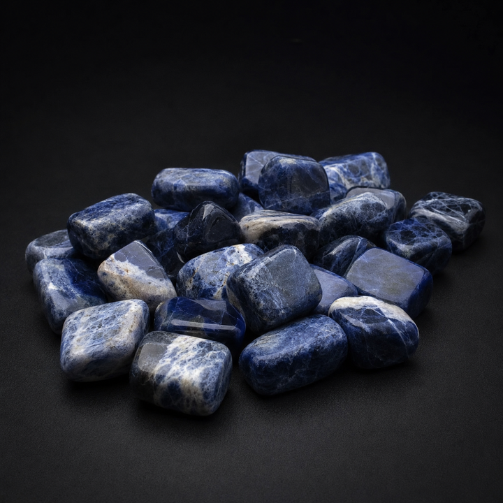 Assortment of polished deep blue Sodalite tumbled stones with white and gray matrix on black