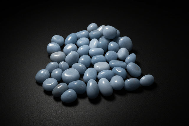 Light blue stones on a wooden surface