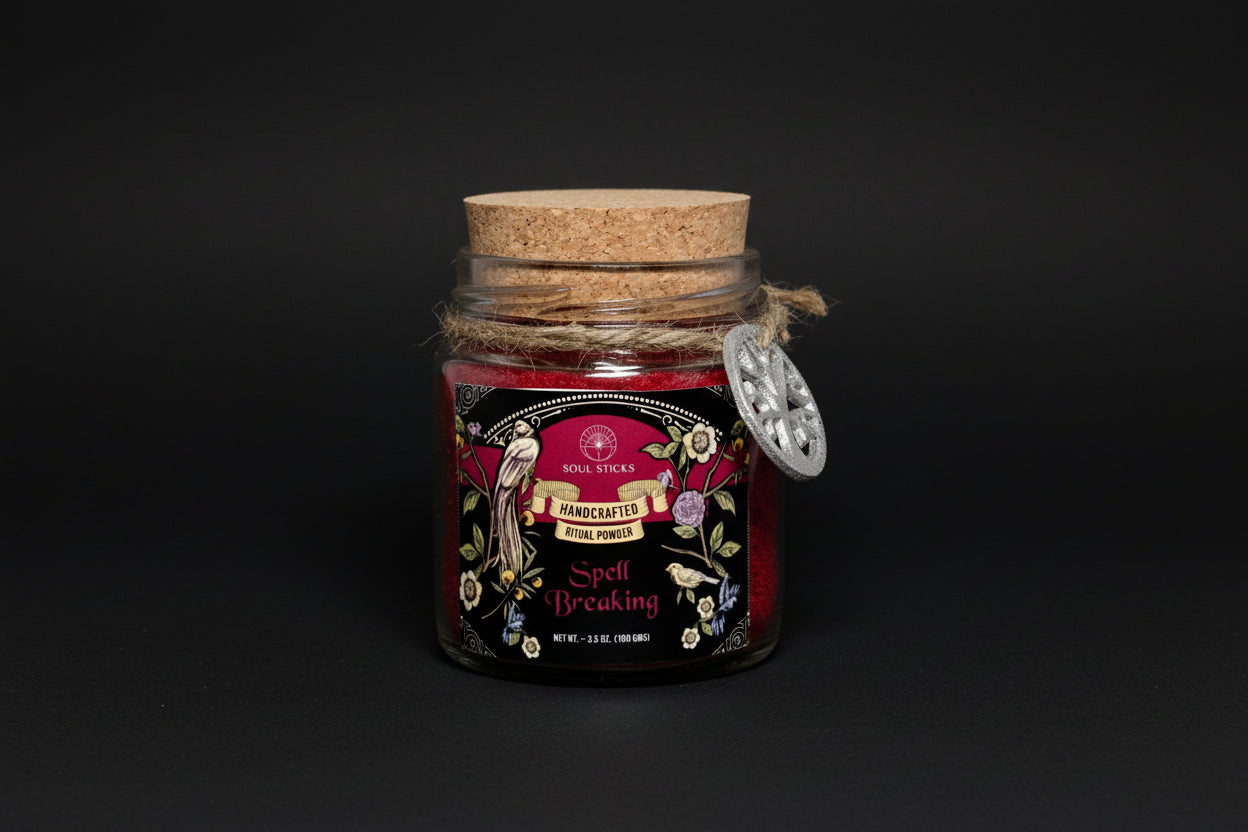 Jar of 'Spell Breaking' ritual powder with decorative label on a white background