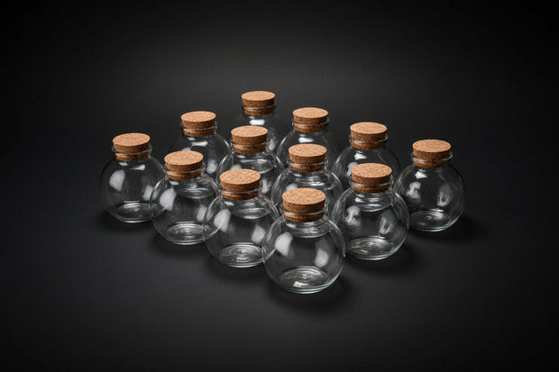Clear spherical glass bottle with stopper, 3.3 fluid ounces