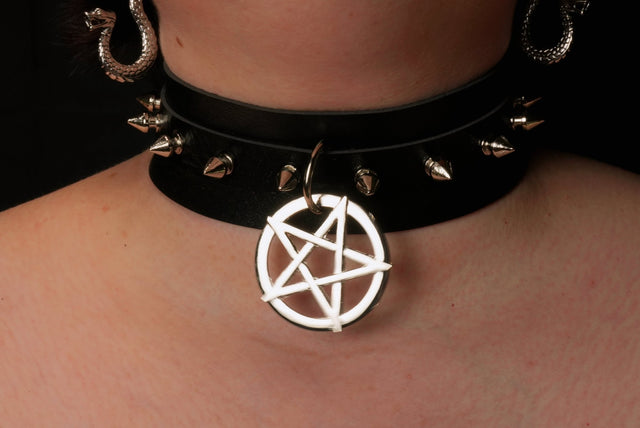 Close-up of Spiked Leather Choker with Pentacle showcasing the spiked design and pentacle symbol in the center
