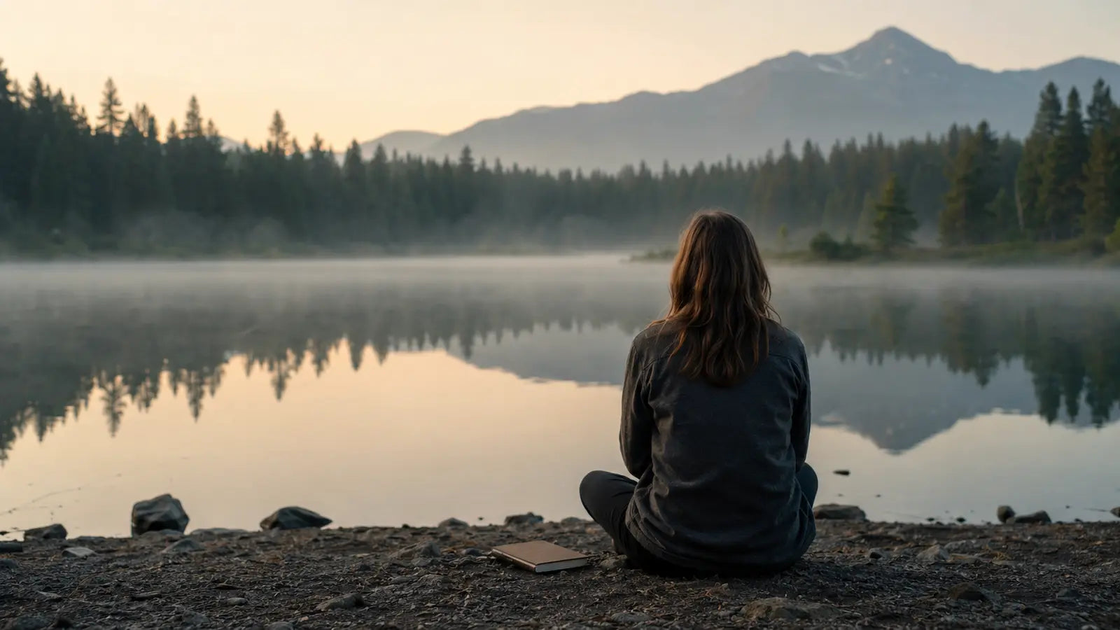 Person sitting quietly beside a misty mountain lake at dawn with a closed journal nearby
