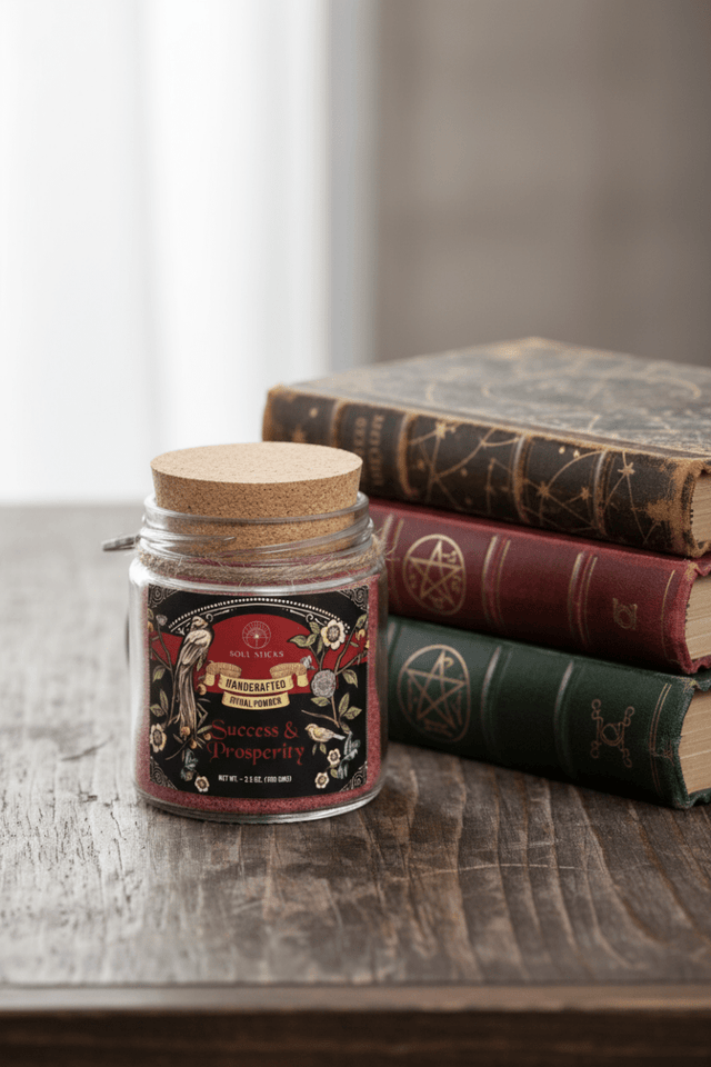 Jar with a decorative label on a wooden surface with vintage books in the background