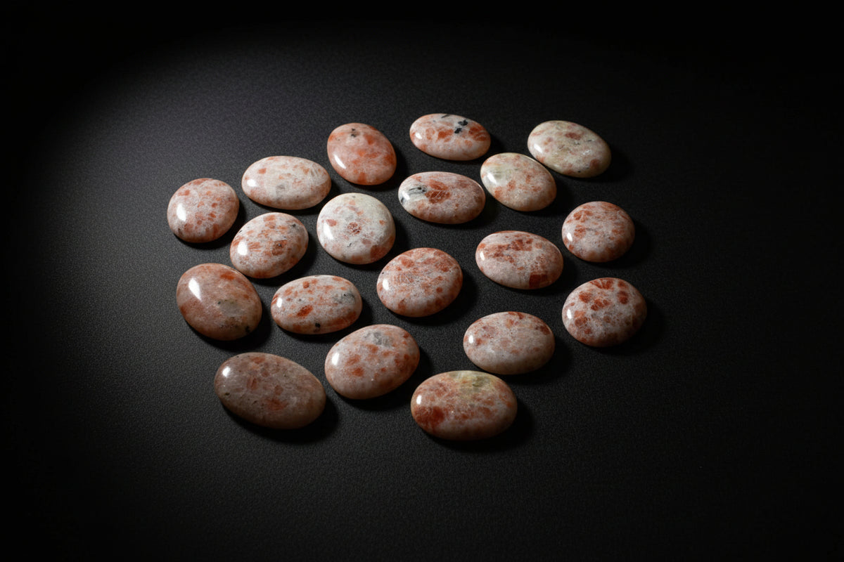 Polished peach-orange palm stone sold as sunstone with varied feldspar patterning