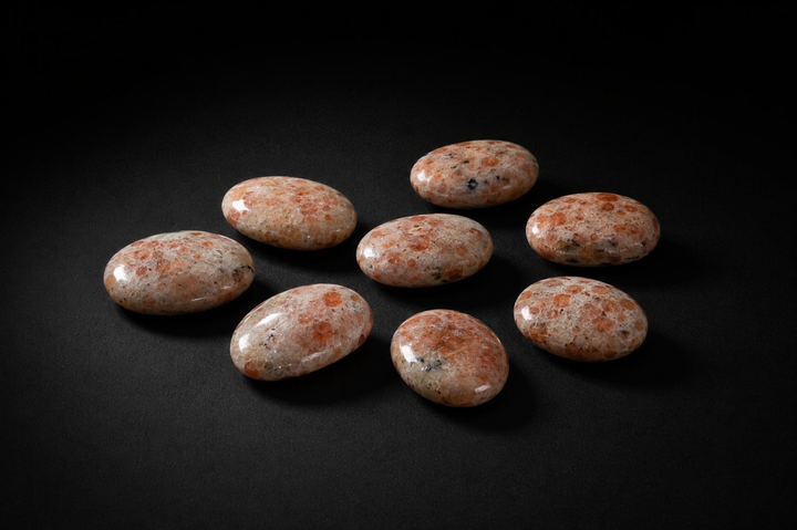 Eight polished peach and cream Sunstone palm stones with varied feldspar mottling on black