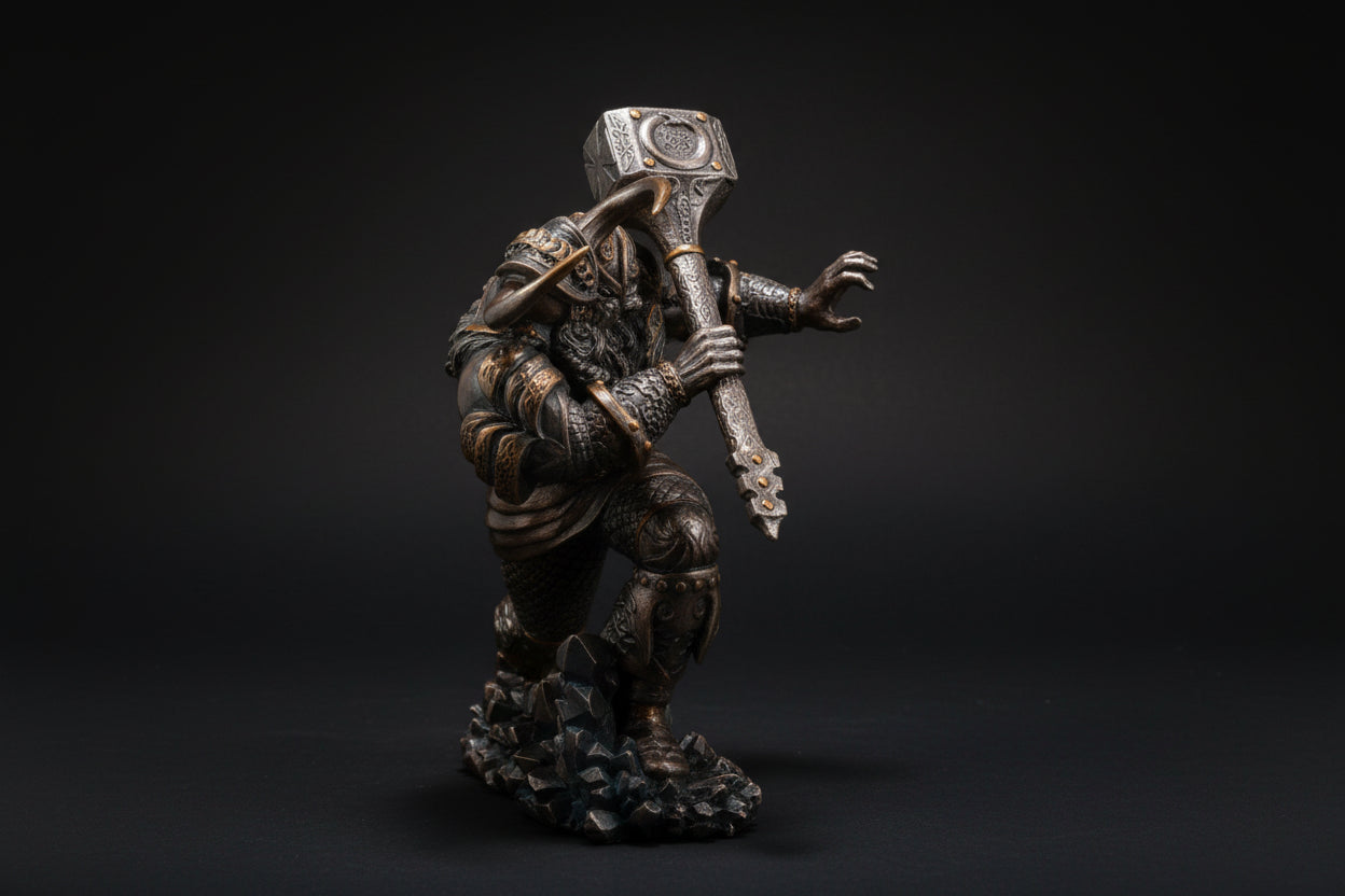 Statue of a warrior holding a hammer on a white background