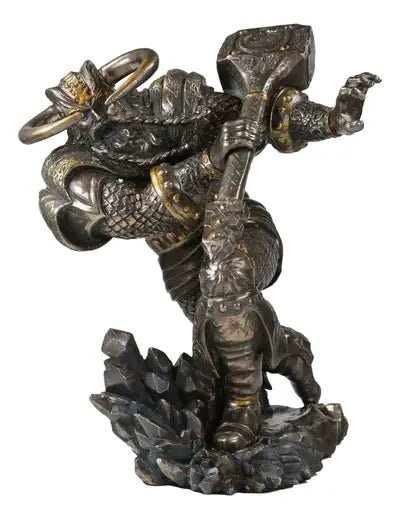 Statue of a warrior in armor with a snake coiled around their neck on a white background