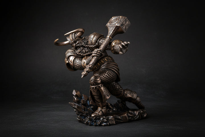Thor statue holding Mjölnir in a Norse warrior design