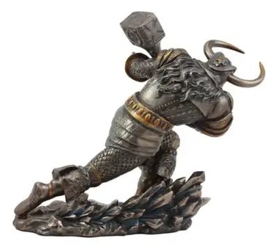 Metallic bull figurine with a helmet and armor on a white background