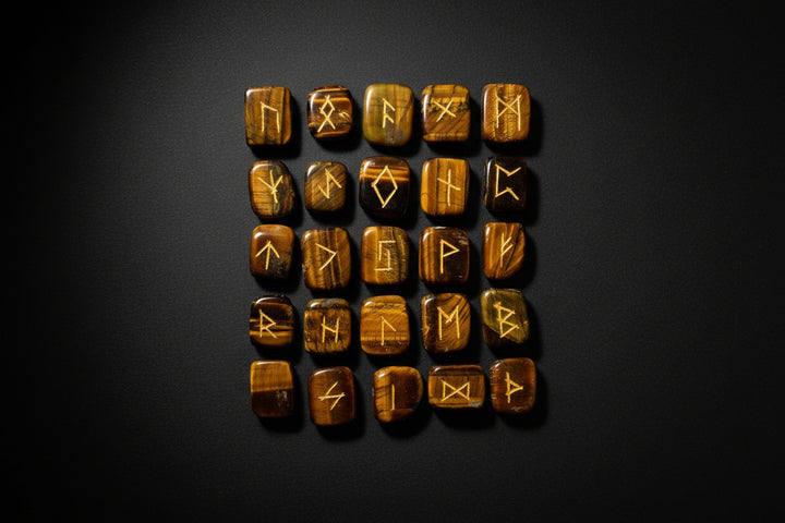 Tiger eye Elder Futhark rune stone set with engraved symbols