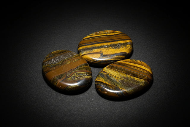 Assorted polished oval tiger iron worry stones with varied red, golden-brown, and dark banding held in a hand