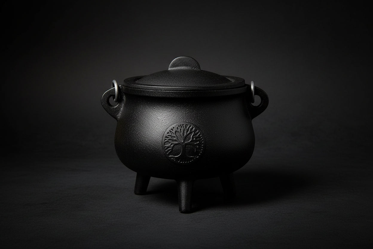 Tree of Life cast iron cauldron with lid, 6-inch size